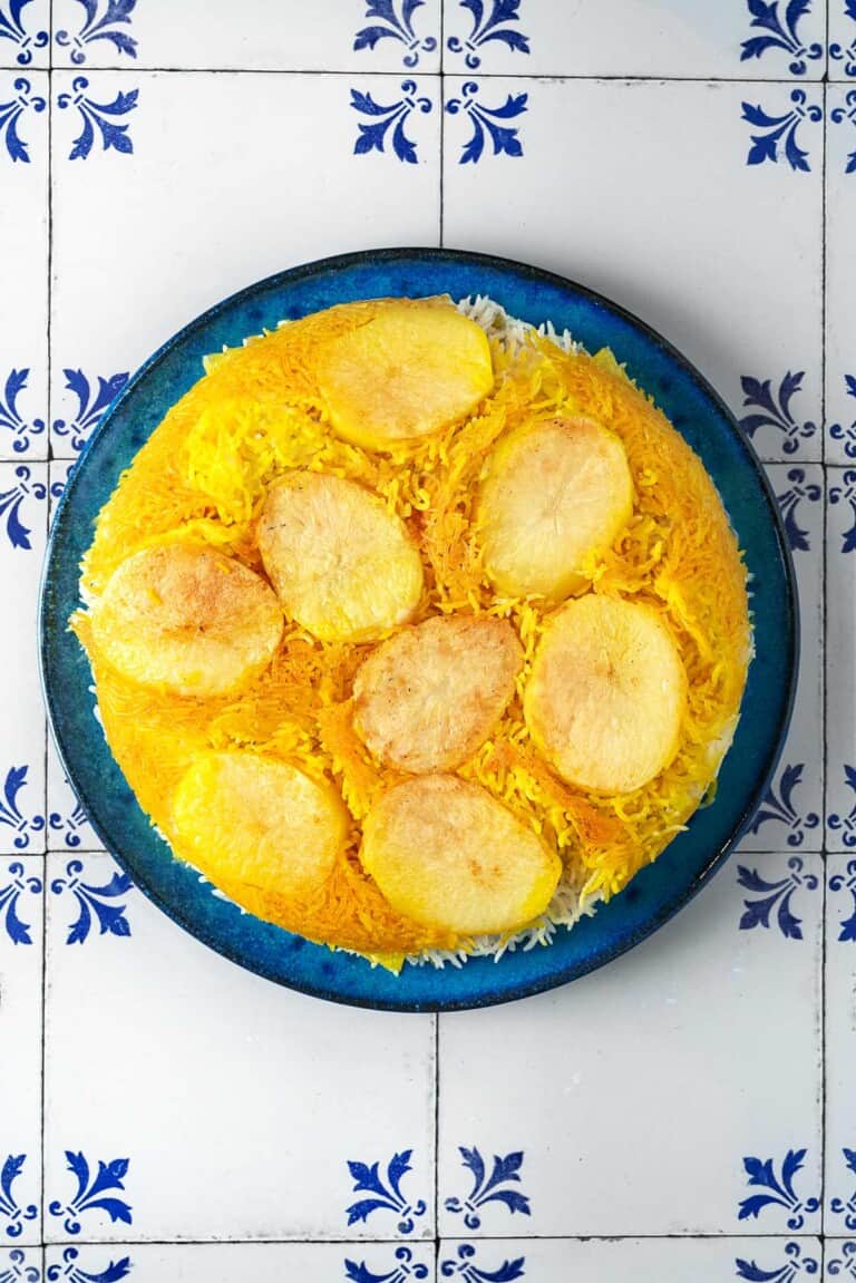 Overhead shot of Persian Rice with Potato Tahdig.