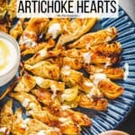 Pin image 1 for roasted artichoke hearts with a creamy feta dressing.