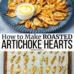 Pin image 3 for roasted artichoke hearts with a creamy feta dressing.