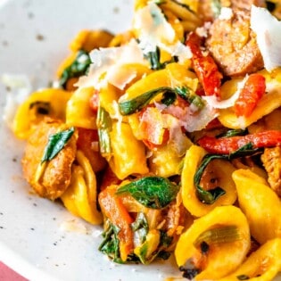 Closeup of orecchiette pasta with spicy Spanish chorizo, shaved cheese, and wilted spinach.