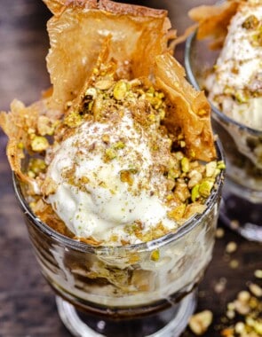 close up of a baklava ice cream sundae in a bowl.