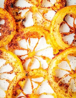 Close up of 7 fried lemon rings.