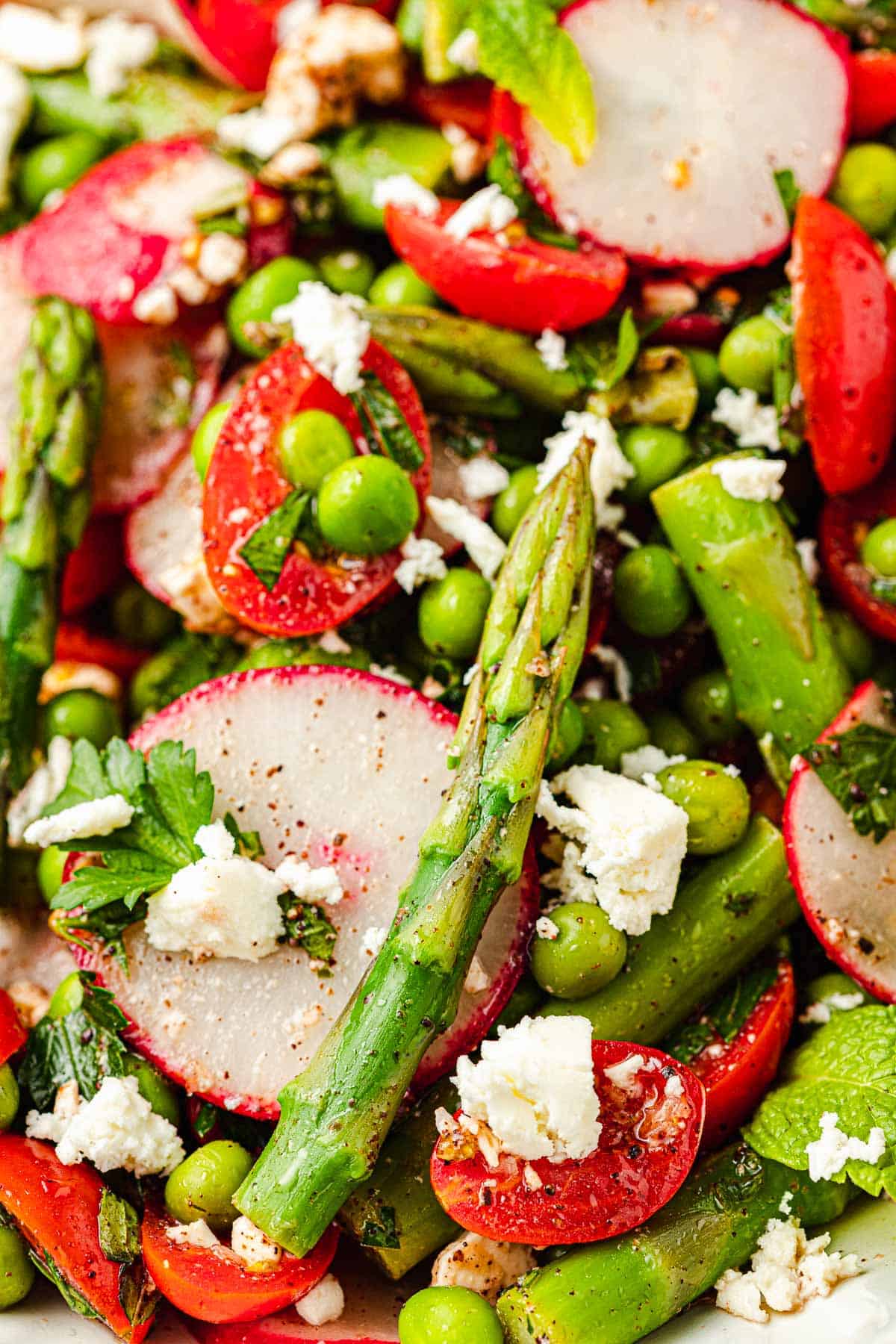 Close up of ingredients for asparagus salad, including asparagus, radish, mint, black pepper, and peas.