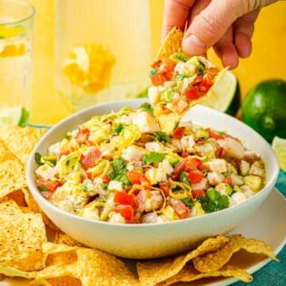 a hand lifting shrimp ceviche on a tortilla chip from a bowl of ceviche.