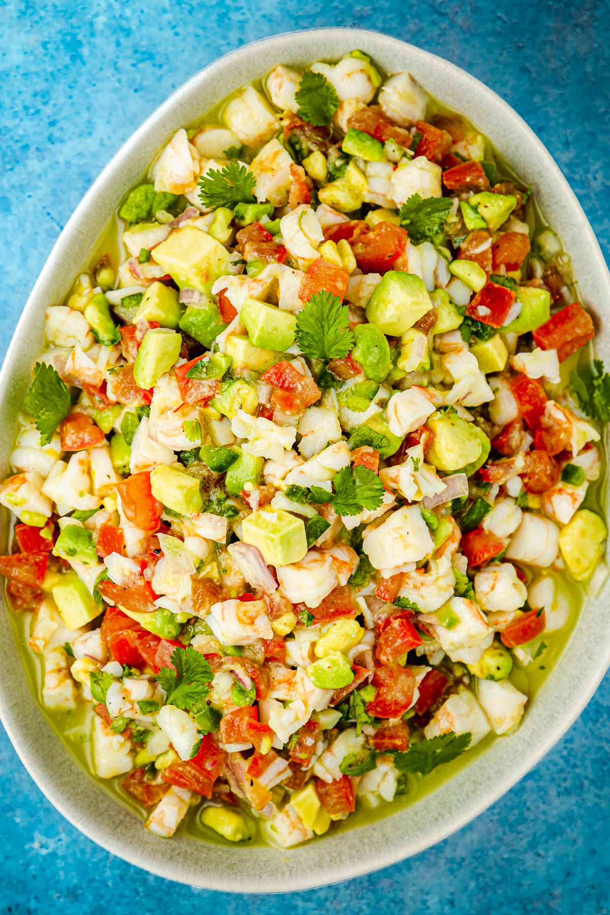 overhead picture of a bowl of shrimp ceviche.