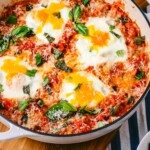 eggs in purgatory in a skillet on a serving board.