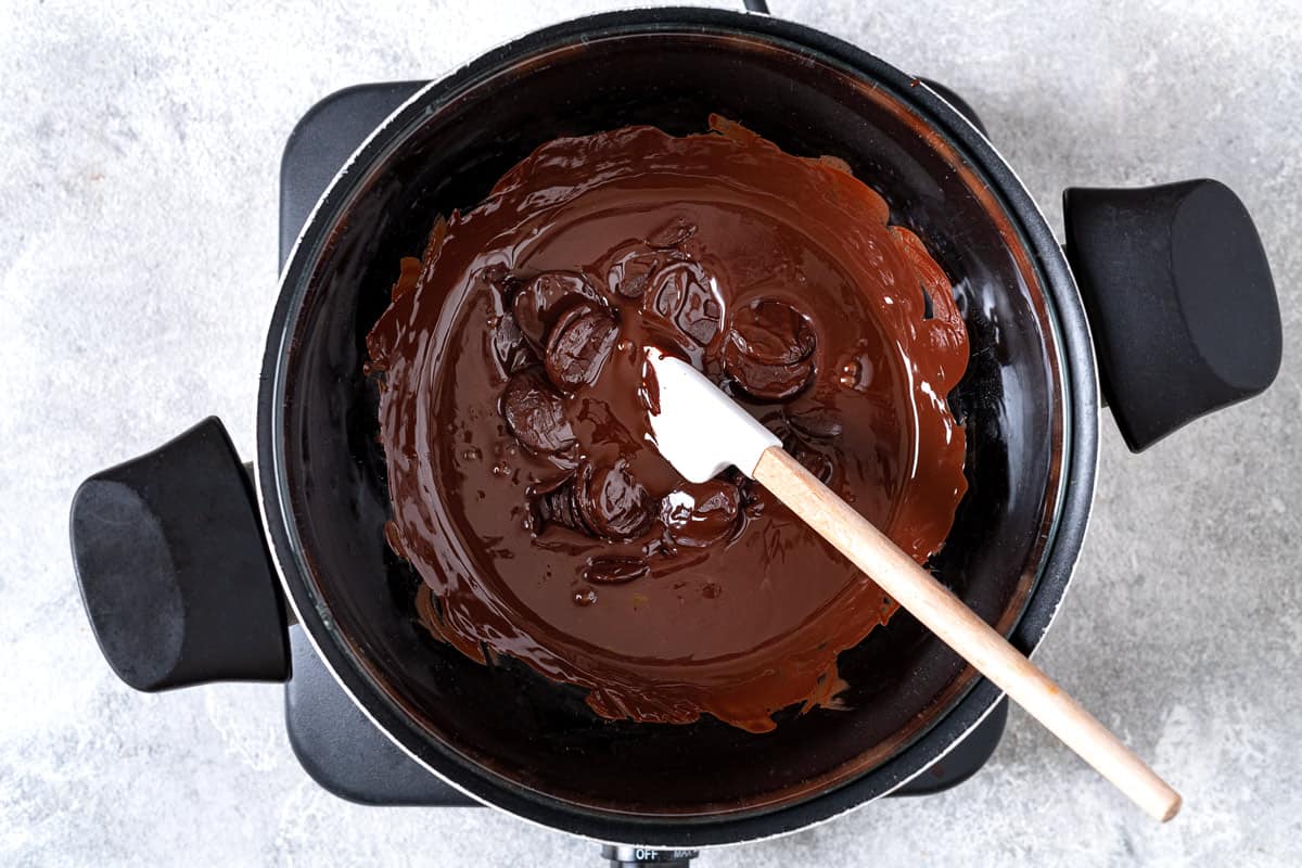 dark chocolate chips melting in a pot with a spatula.