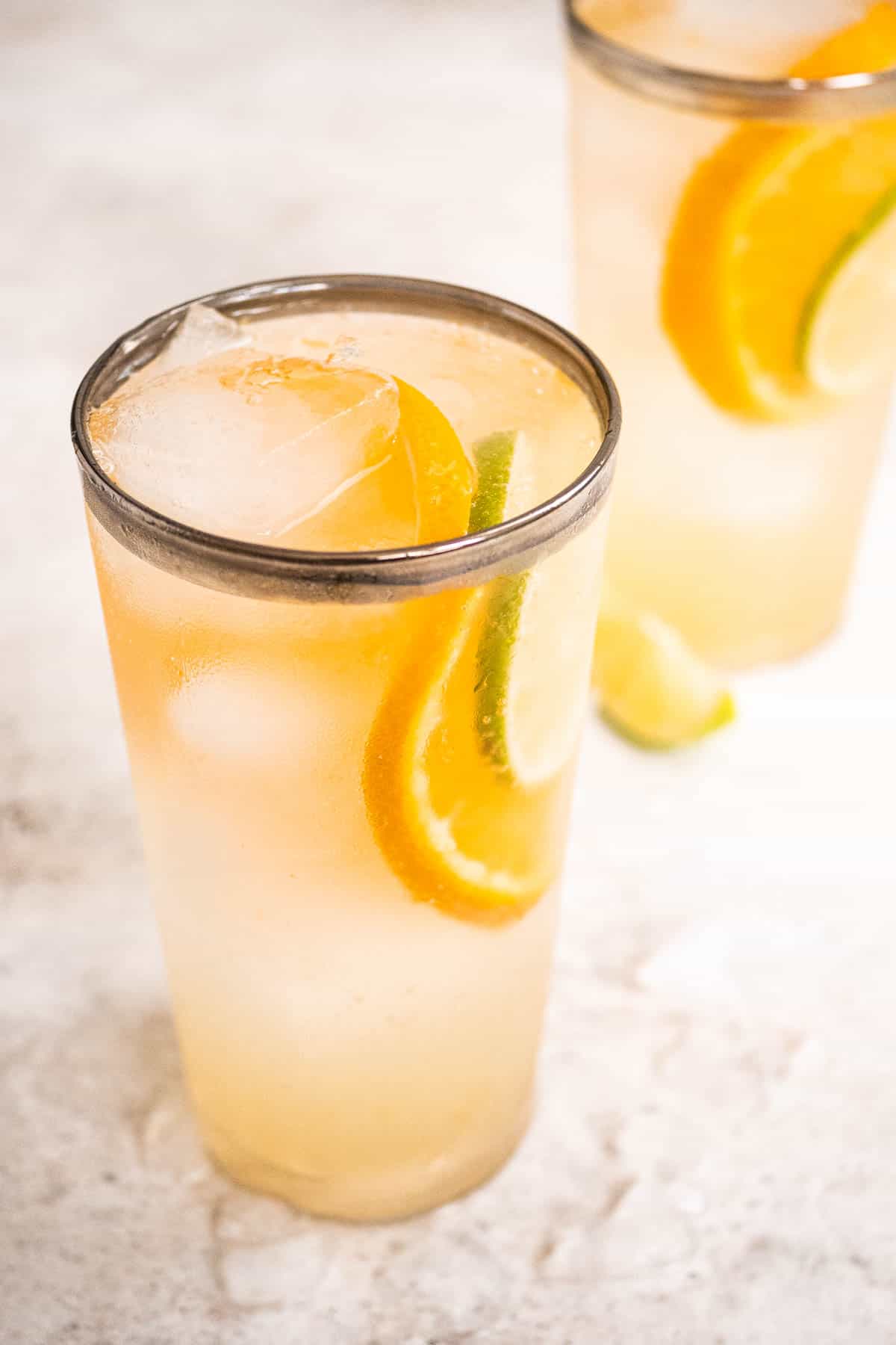 Close up shot of two Eternal Sunshine Gin cocktails, each with lime and orange slices.