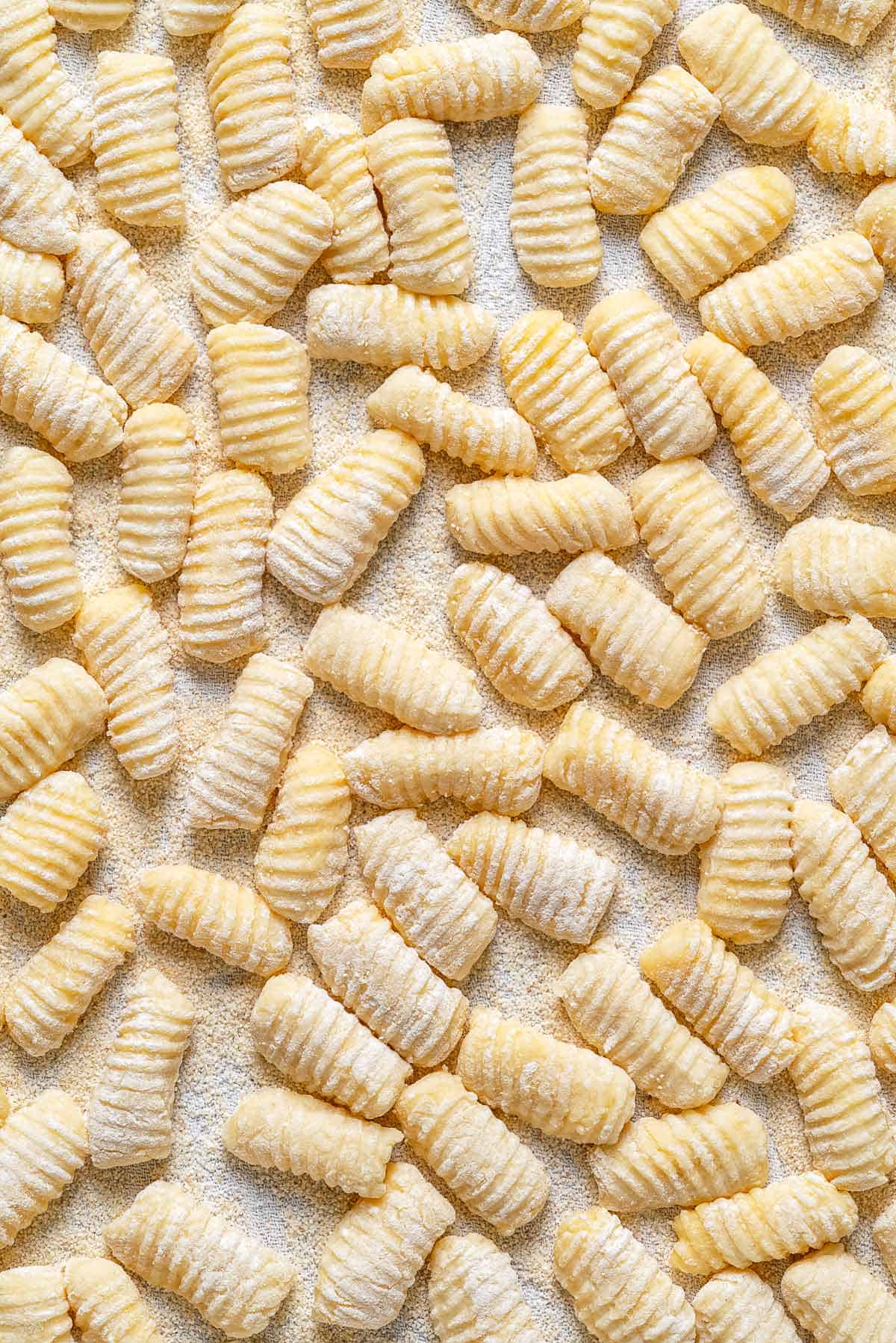 Close up of shaped and ridged potato gnocchi.