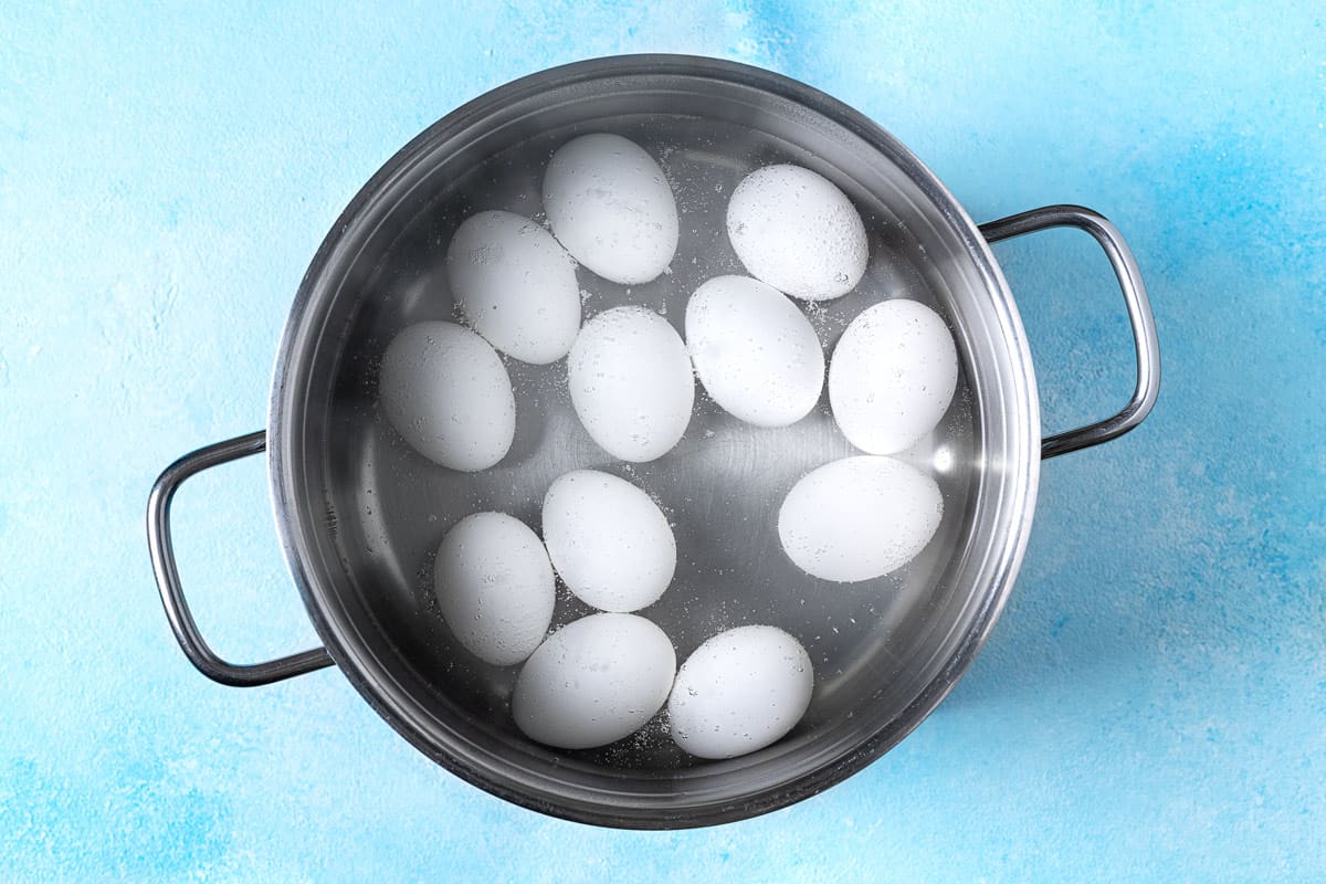 12 eggs in a pot of hot water.
