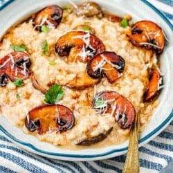a bowl of mushroom risotto with a spoon.