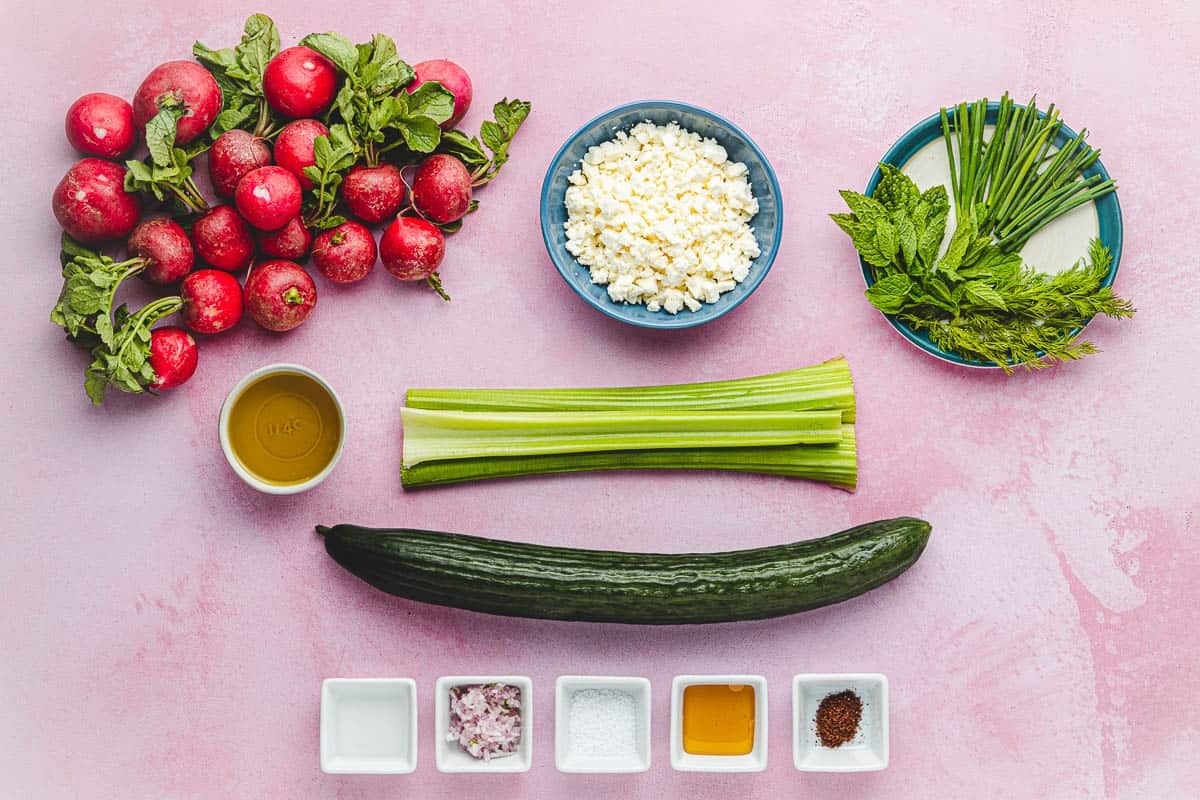 ingredients for cucumber radish salad including radishes, goat cheese, chives, mint, dill, olive oil, celery, cucumber, white wine vinegar, honey, sumac, and kosher salt.