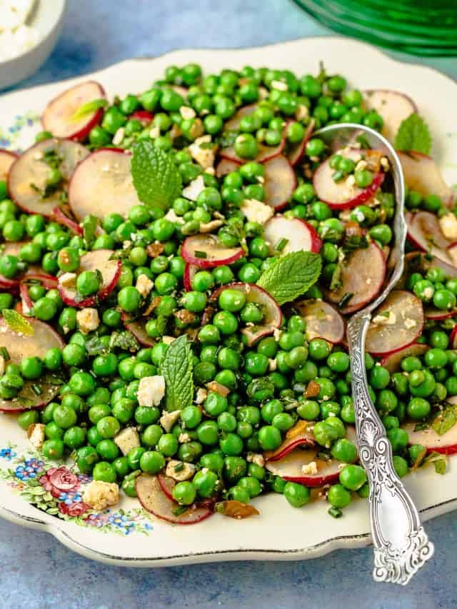 pea salad with feta and mint web story poster image.