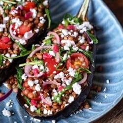 Close up of eggplant salad with lentils, cherry tomatoes, onion, herbs, arugula, feta cheese.