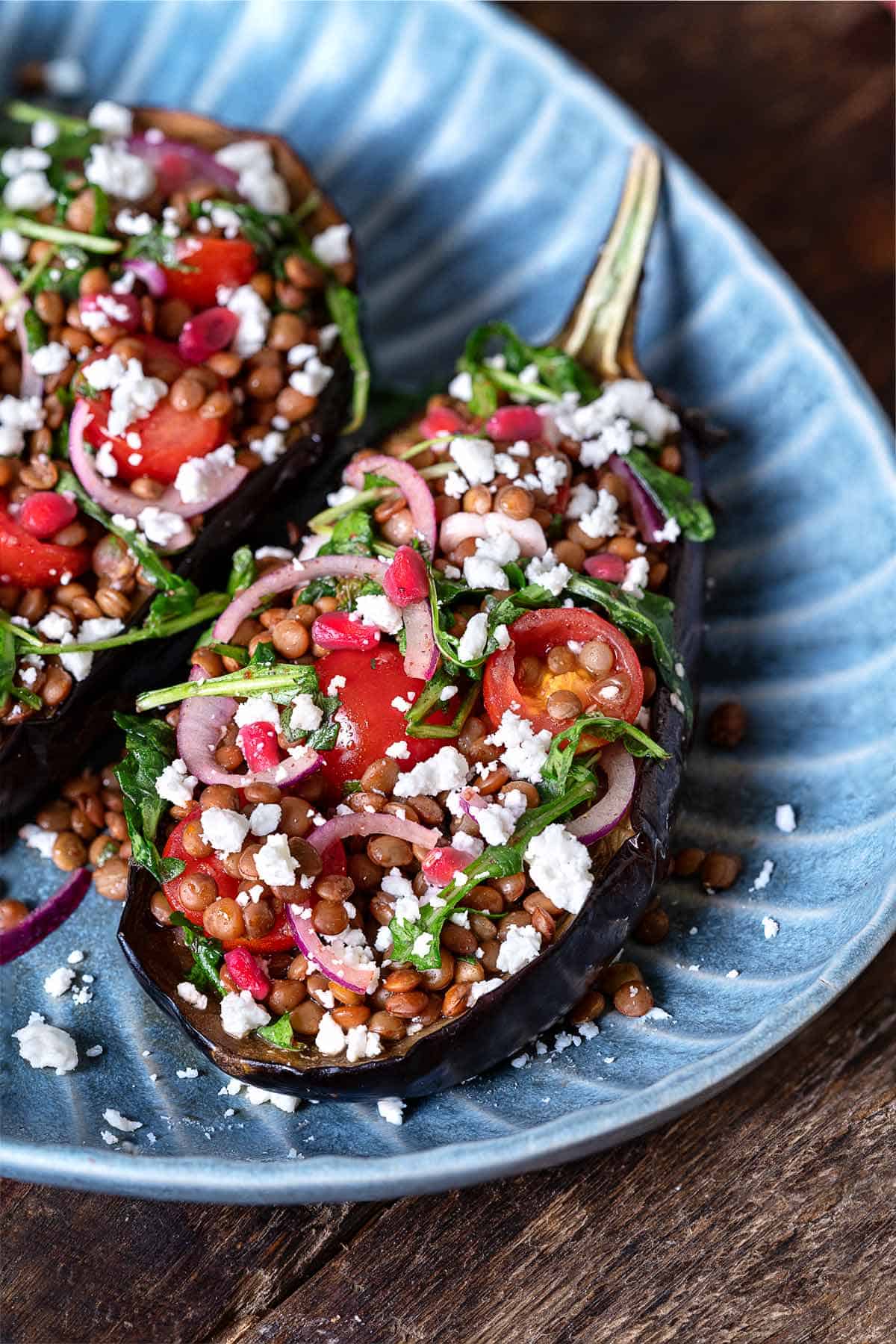 Close up of eggplant salad with lentils, cherry tomatoes, onion, herbs, arugula, feta cheese.