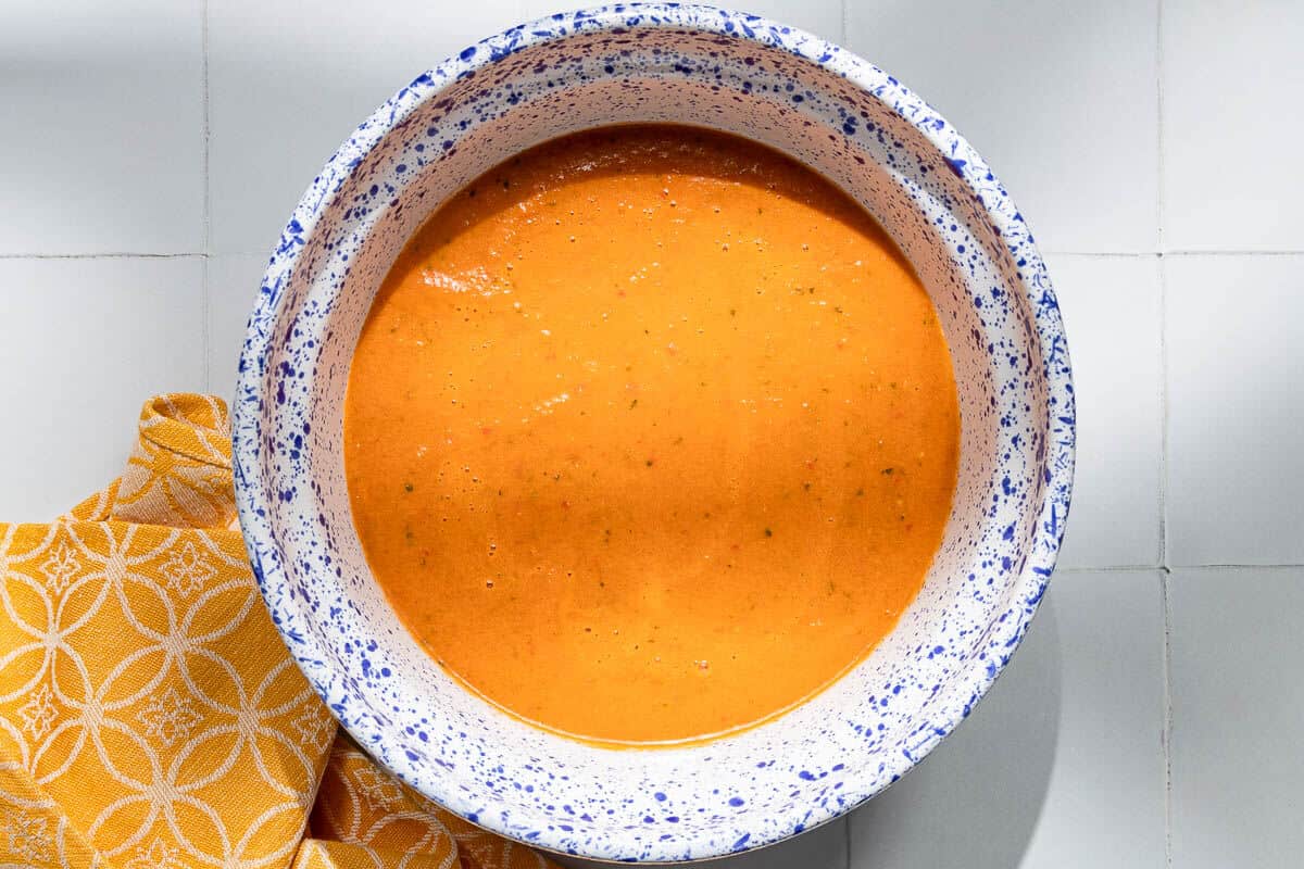 blended watermelon gazpacho in a bowl.