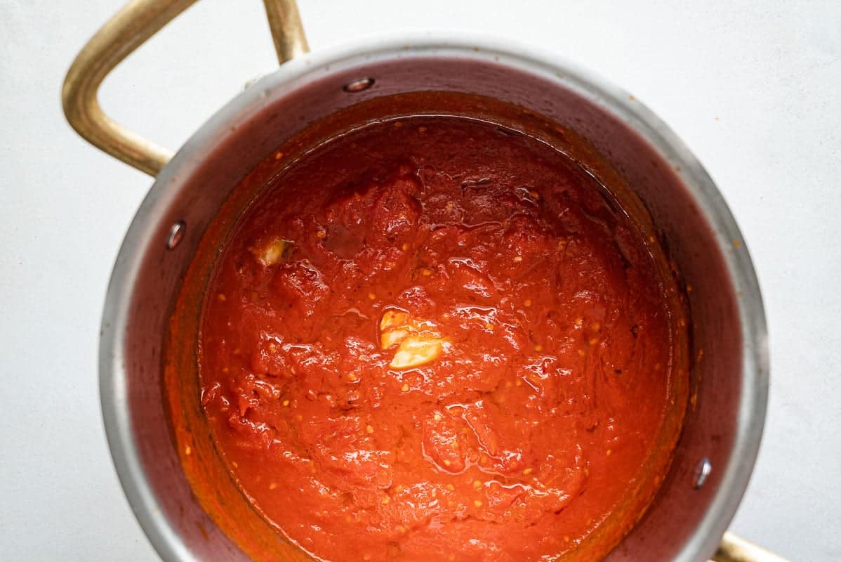 sauce for the pasta pomodoro simmering in a pot.