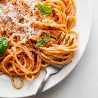 one plate of pasta pomodoro topped with grated parmesan and basil with a fork.