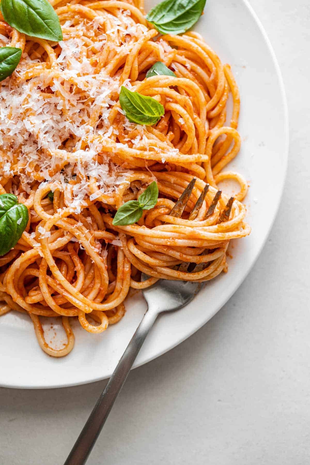 one plate of pasta pomodoro topped with grated parmesan and basil with a fork.