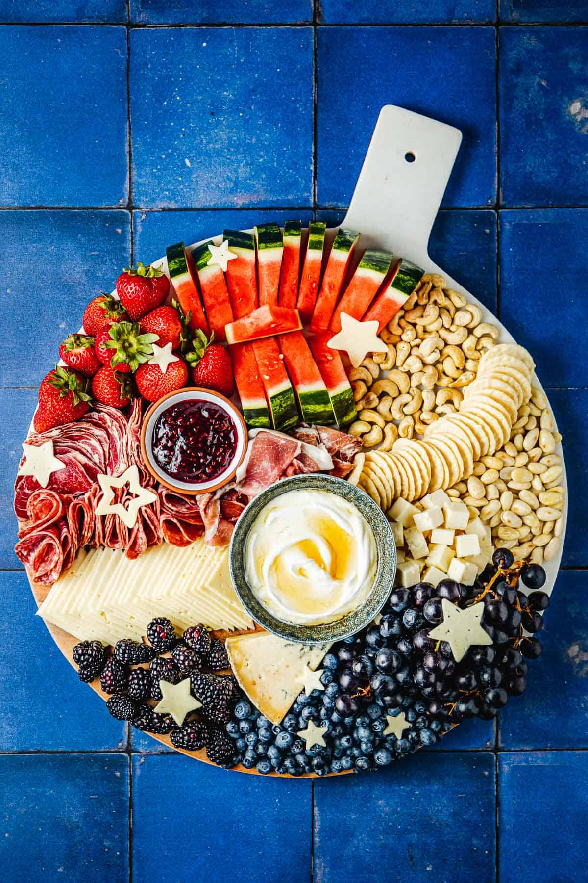 overhead photo of a complete fruit charcuterie board.