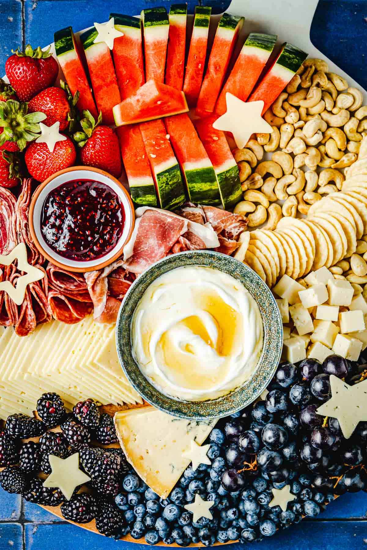 overhead close up of a complete fruit charcuterie board.