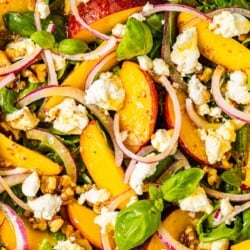 un gros plan de salade de pêches.