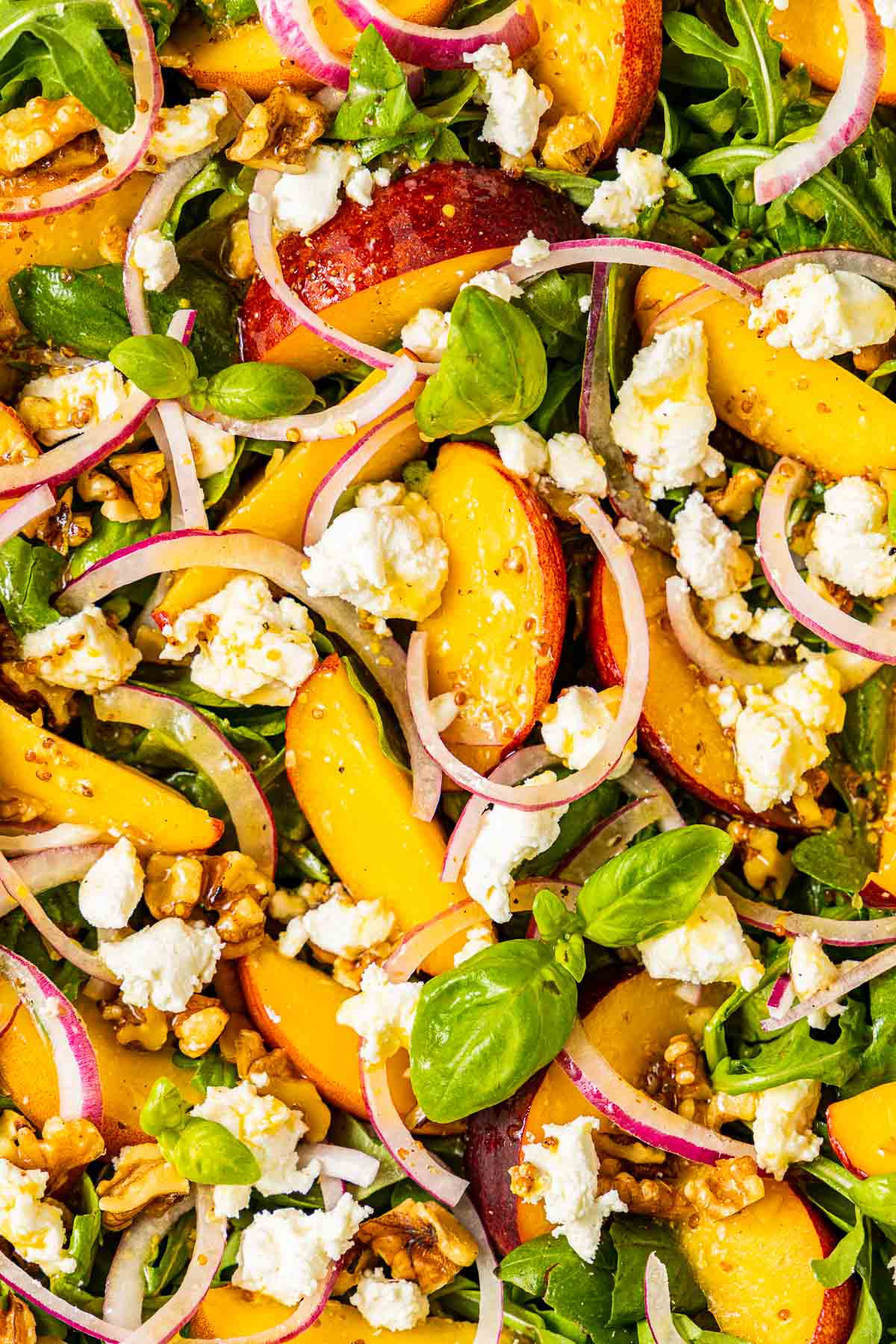 a close up of peach salad.