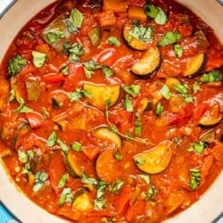 cooked ratatouille in a pot.