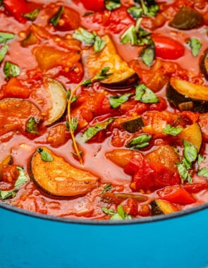 close up of cooked ratatouille in a pot.