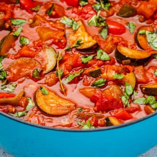 close up of cooked ratatouille in a pot.