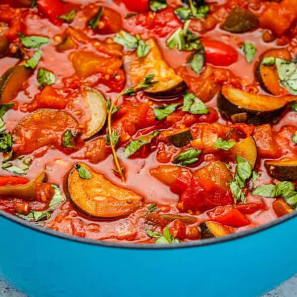 close up of cooked ratatouille in a pot.