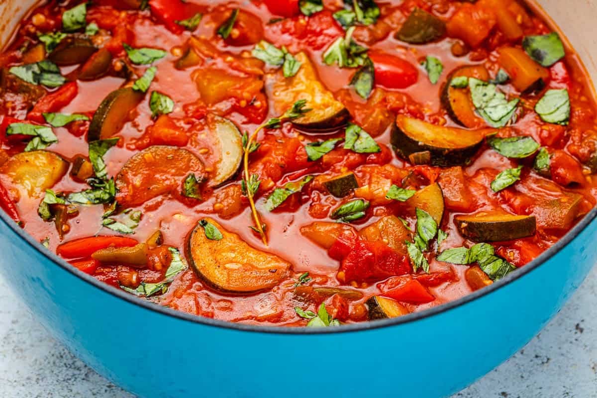 close up of cooked ratatouille in a pot.