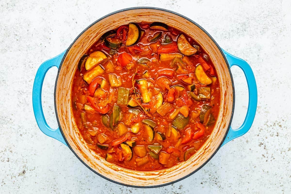 cooked ratatouille in a pot.