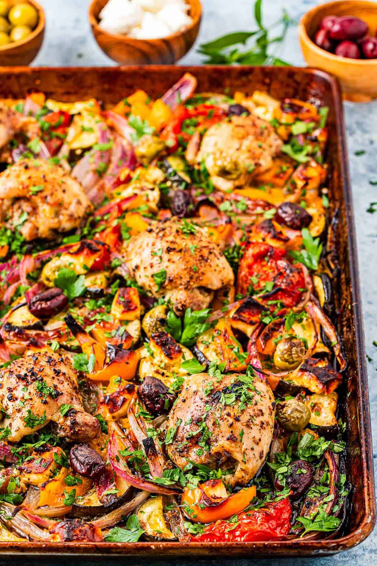 baked Greek sheet pan chicken with vegetables.