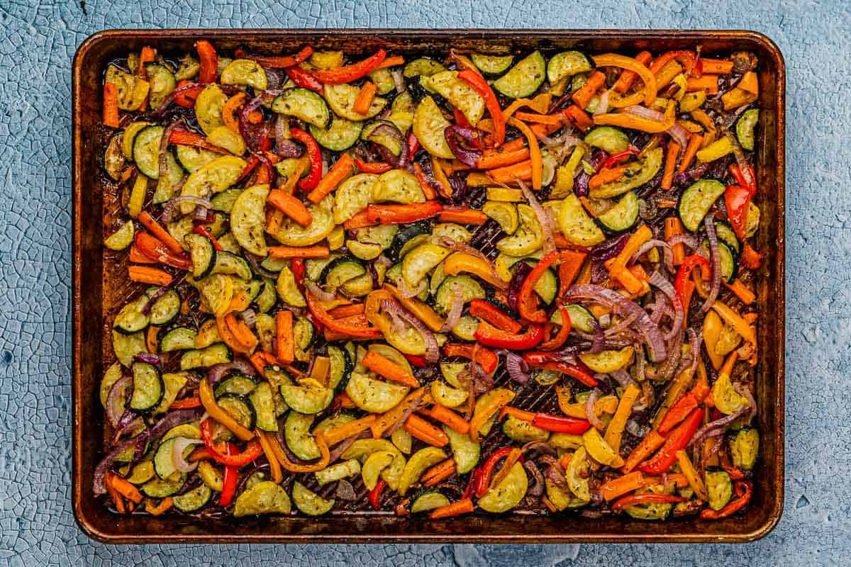 roasted vegetable for pasta primavera on a sheet pan.