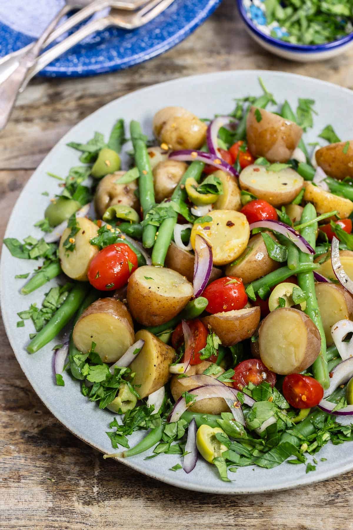 close up of Italian potato salad on a serving platter.