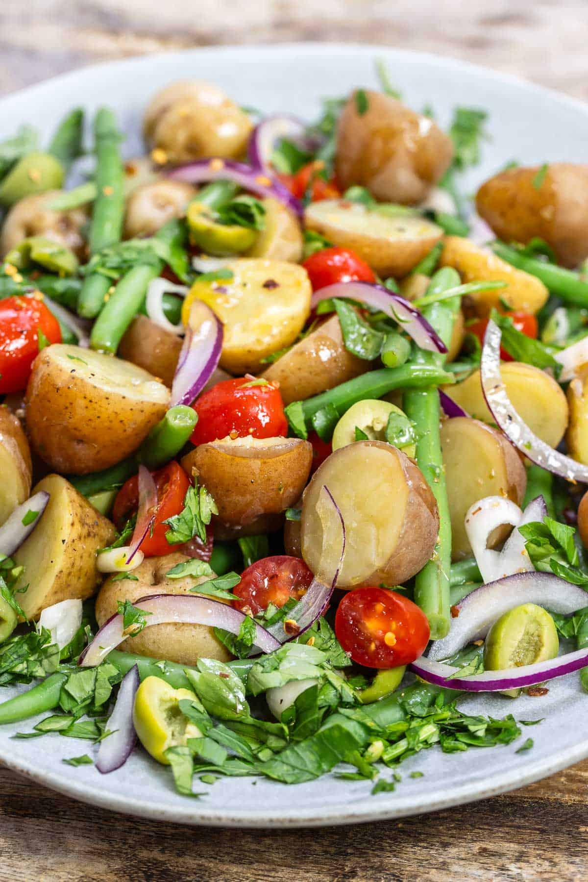 Italian potato salad on a serving platter.