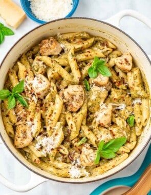 pesto chicken pasta web story poster image.