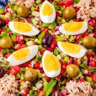 close up of Slata Tounsiya Tunisian Salad in a serving bowl.