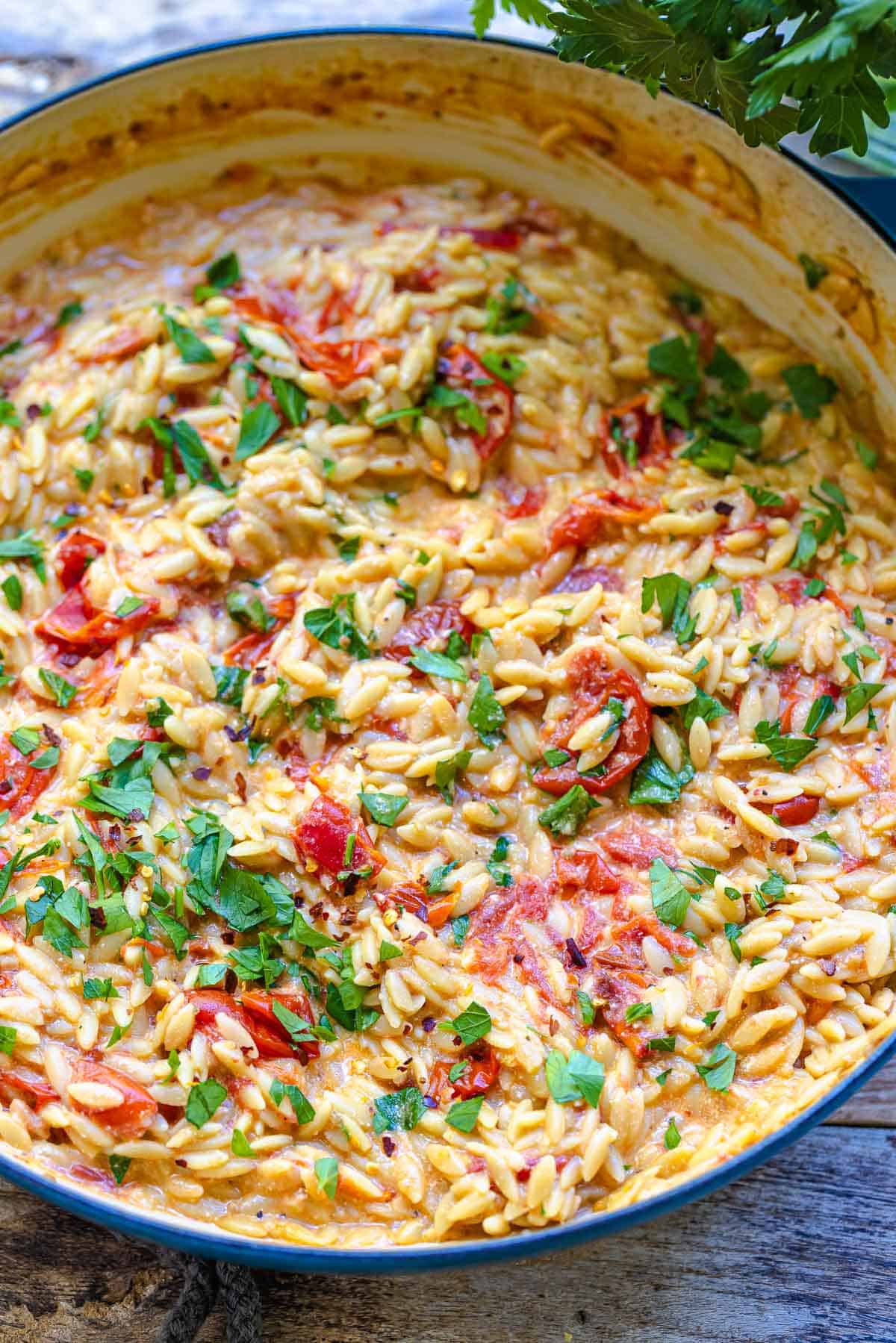 creamy orzo in a skillet.