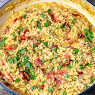 close up photo of creamy orzo in a blue skillet.