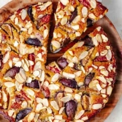 Overhead shot of fig cake with a slice taken out.