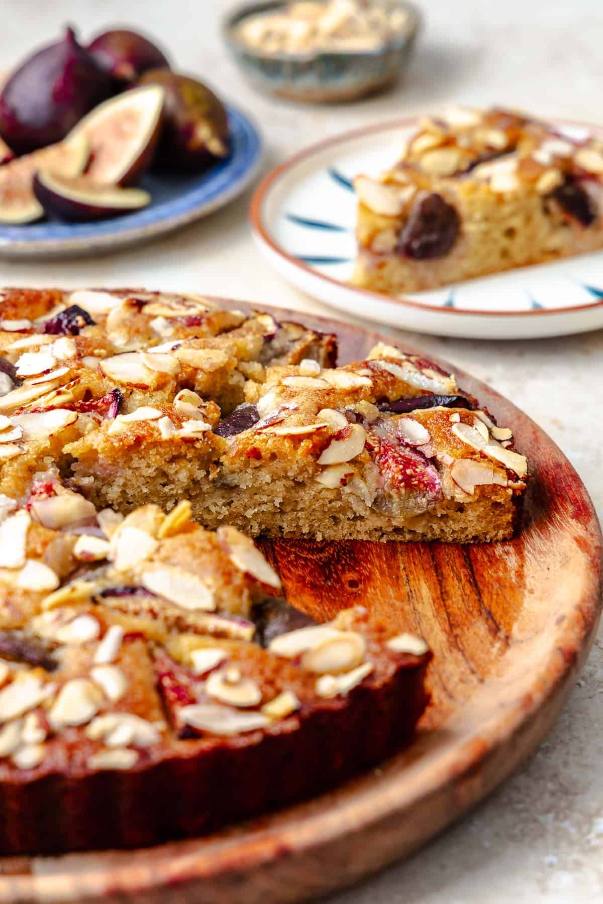 Fig cake with a slice taken out.