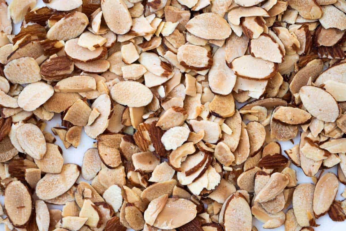 a close up of toasted sliced almonds.