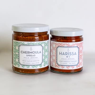 One bottle of harissa paste and one bottle of red chermoula from Villa Jerada.