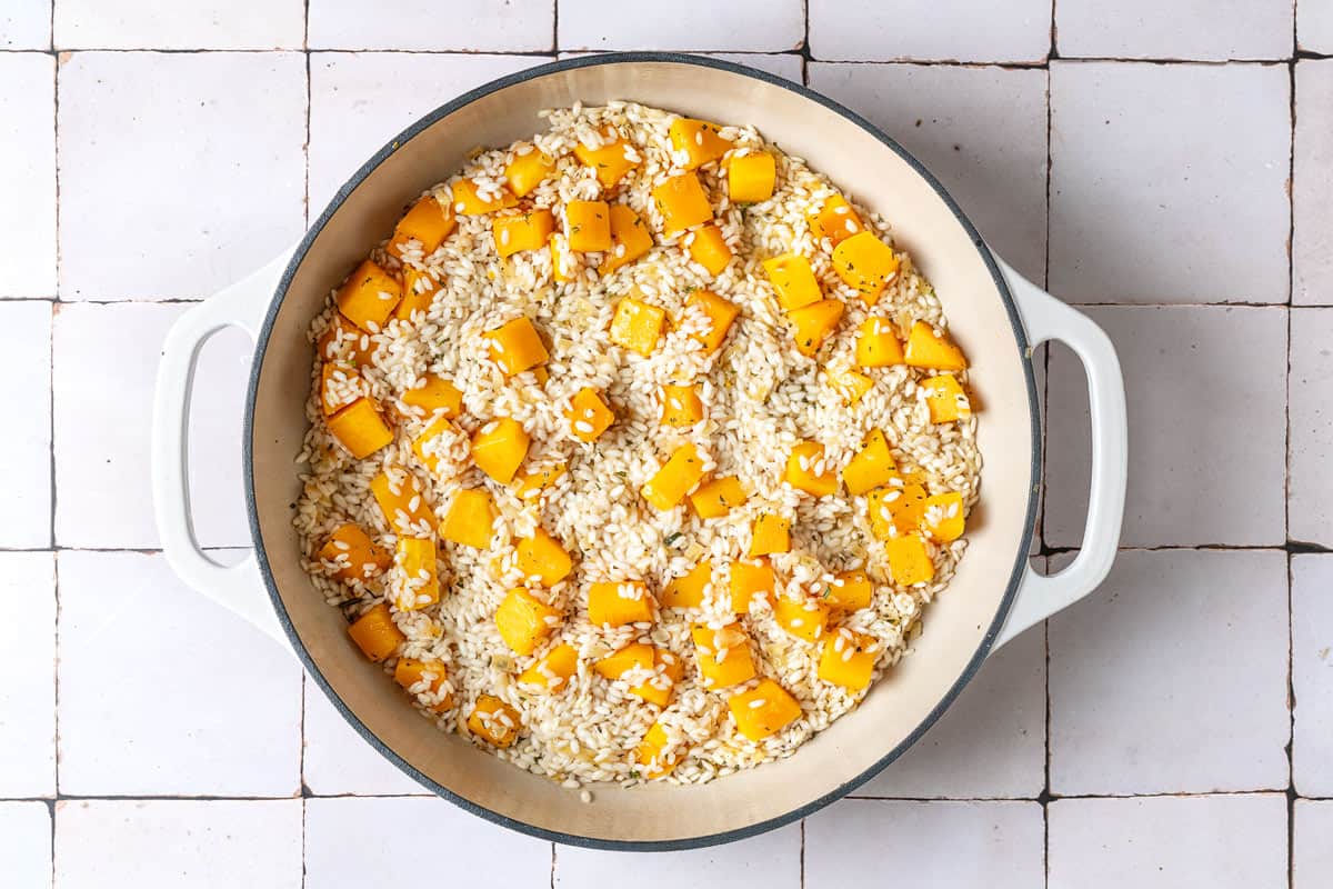 cubed butternut squash and arborio rice in a pot.