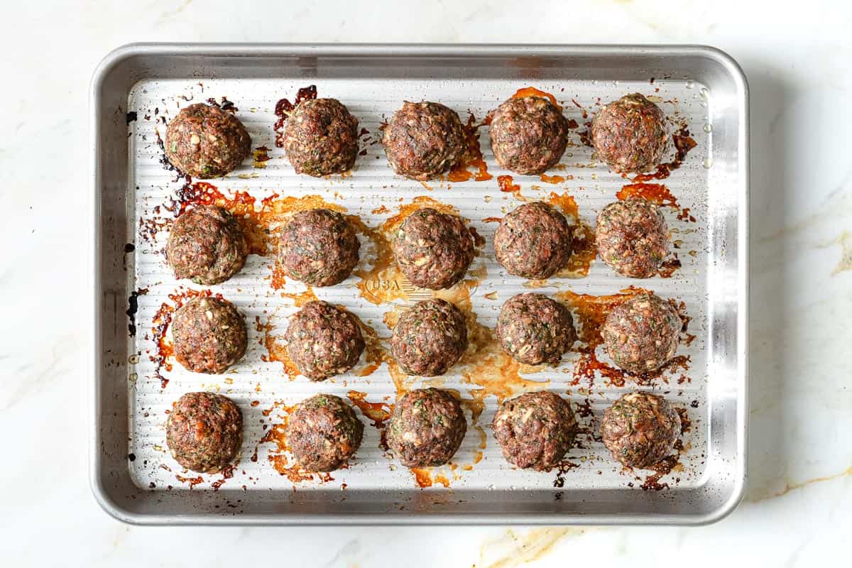 baked meatballs on a sheet pan.