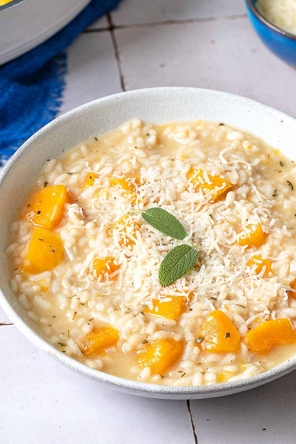 a close up of one bowl of butternut squash risotto topped with parmigiano-reggiano cheese sage leaves.