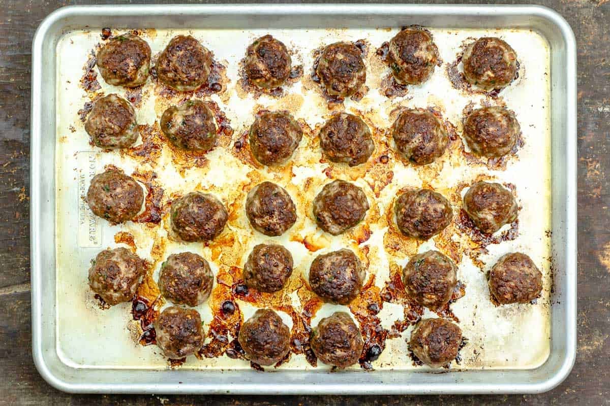 baked meatballs on a sheet pan.