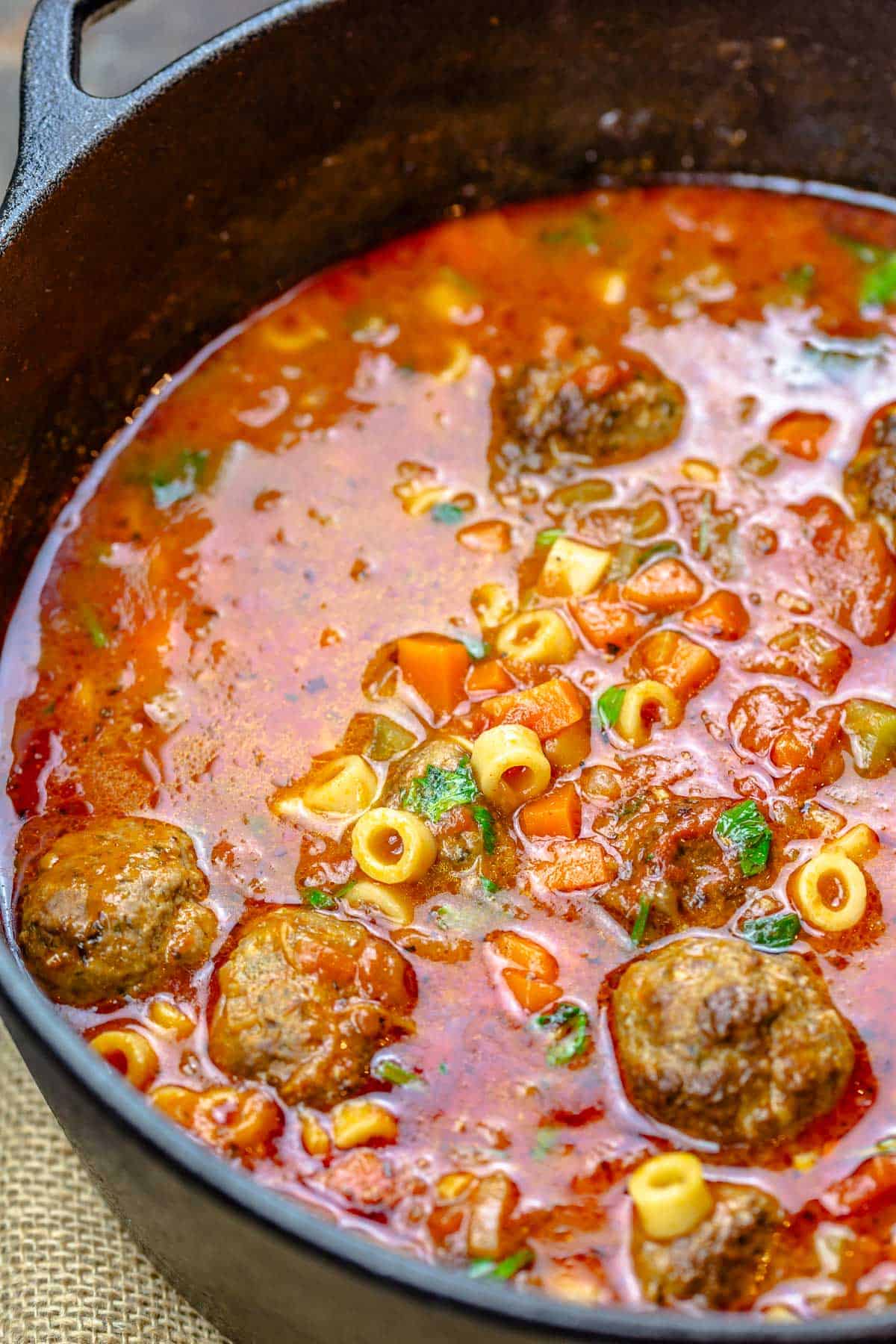 close up of a large pot of meatball soup.
